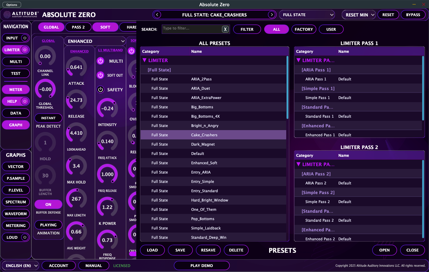 Preset Panel - Three-pane browser with categories, presets list, and action buttons