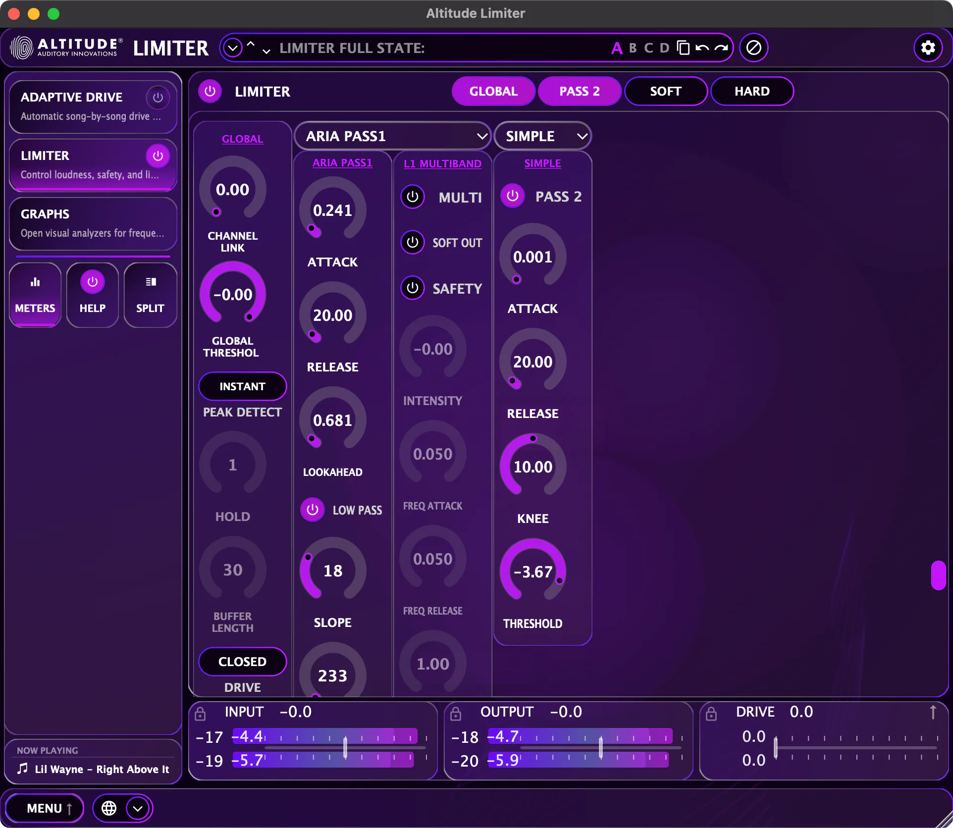 Altitude Limiter — dual-pass waveform with input, output, and gain reduction