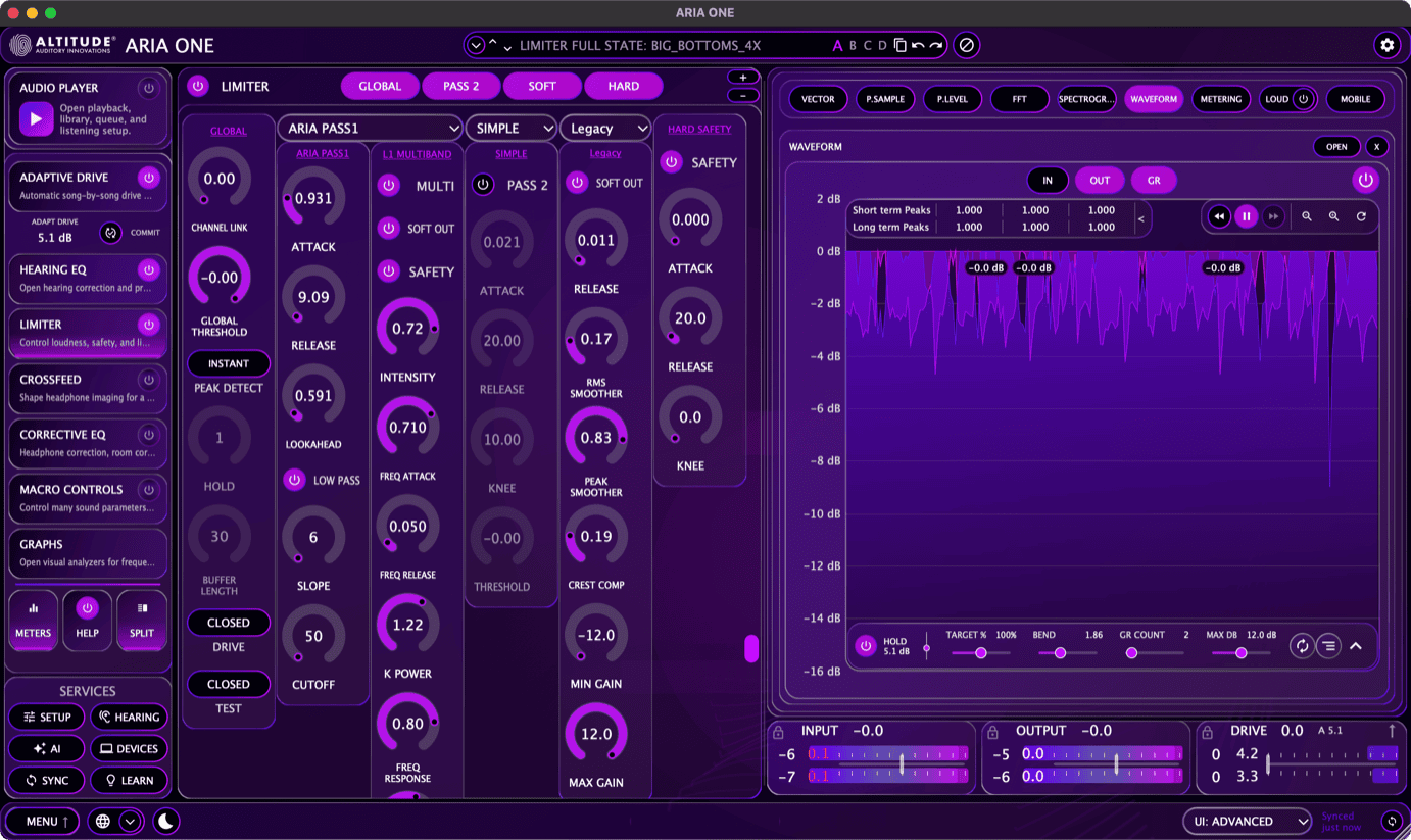 Waveform view inside ARIA ONE - Live limiter waveform with input, output, and gain reduction traces