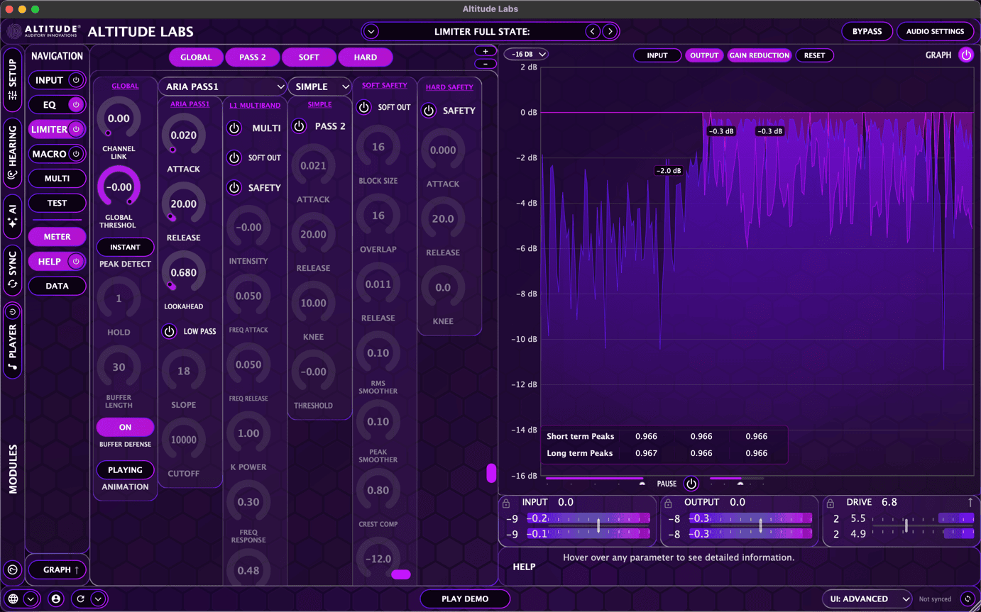 ARIA ONE Advanced View — dual-pass lookahead limiter with waveform and gain reduction metering