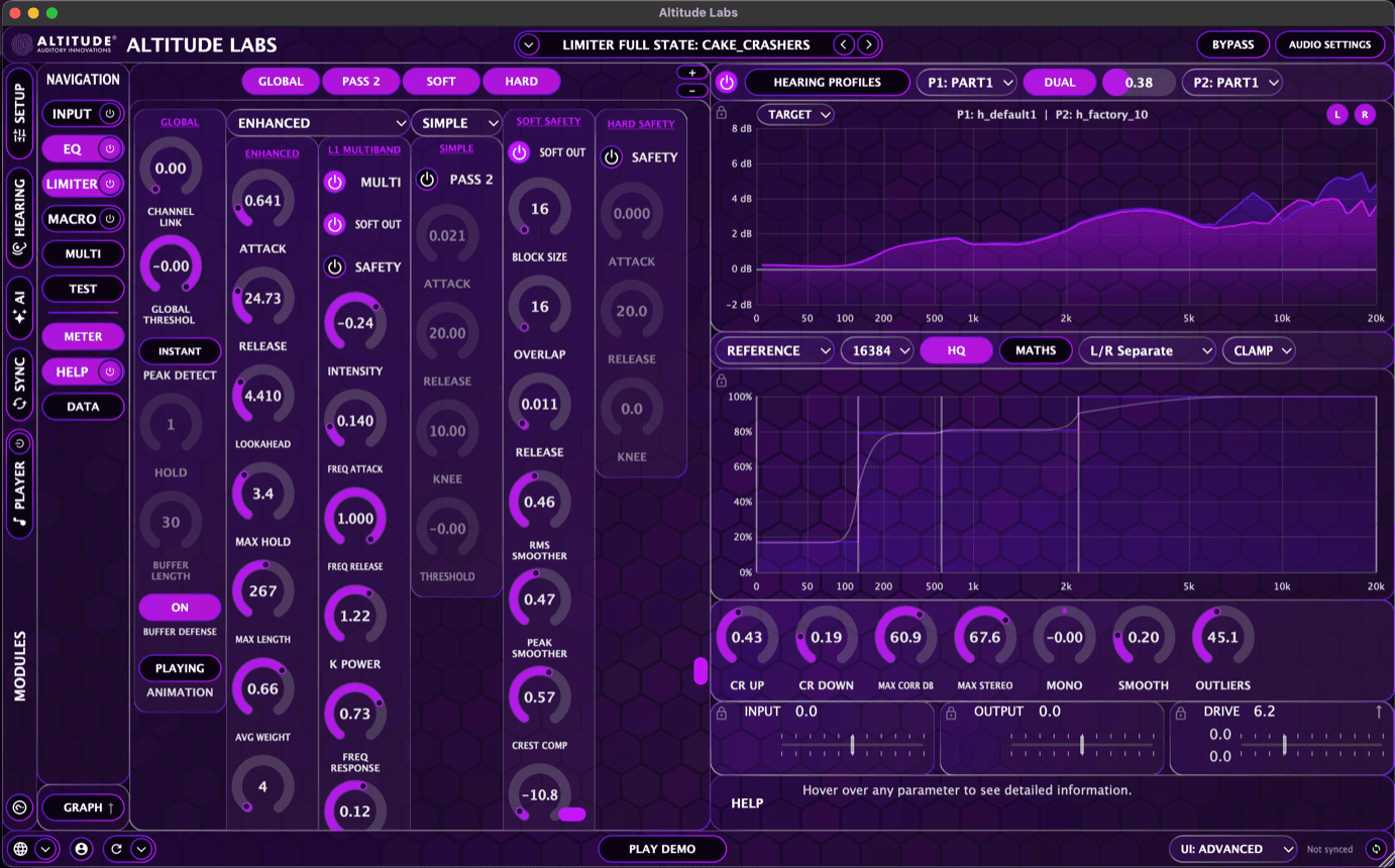 ARIA ONE Advanced View — full interface with EQ, limiter, and metering