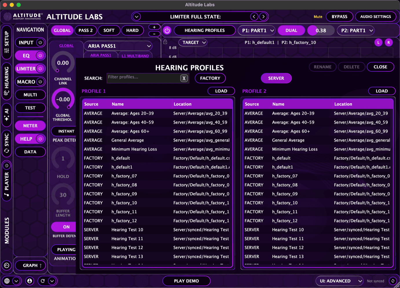 ARIA ONE dual hearing profile browser — Profile 1 and Profile 2 with server, factory, and average profiles