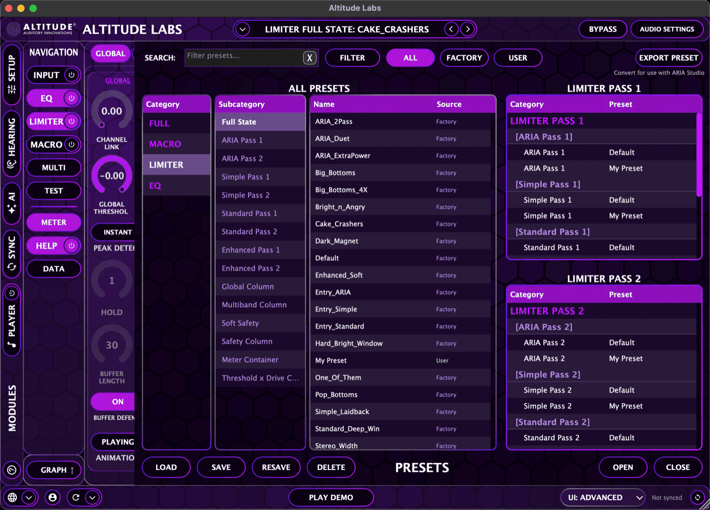 Preset Panel — Limiter Presets (Advanced View)