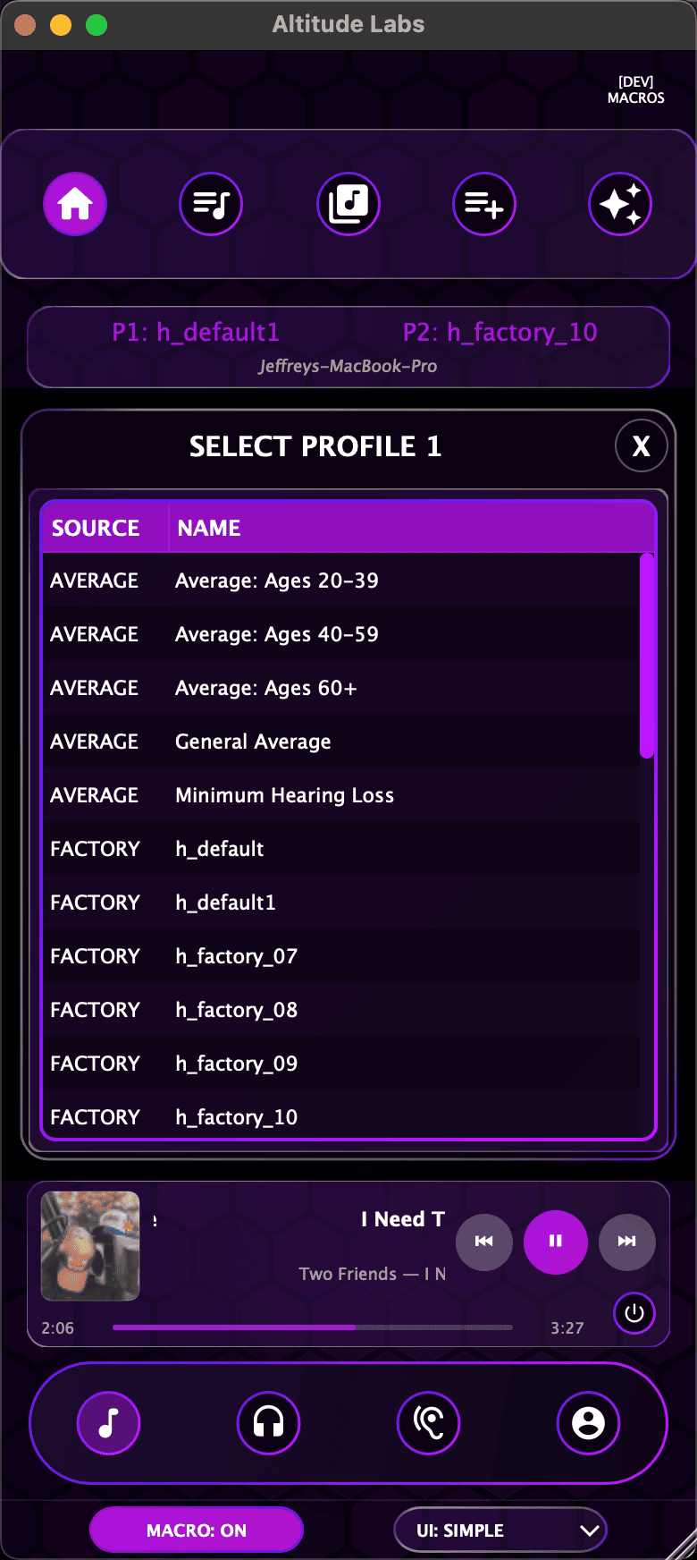 ARIA ONE Simple View — hearing profile selector on mobile layout