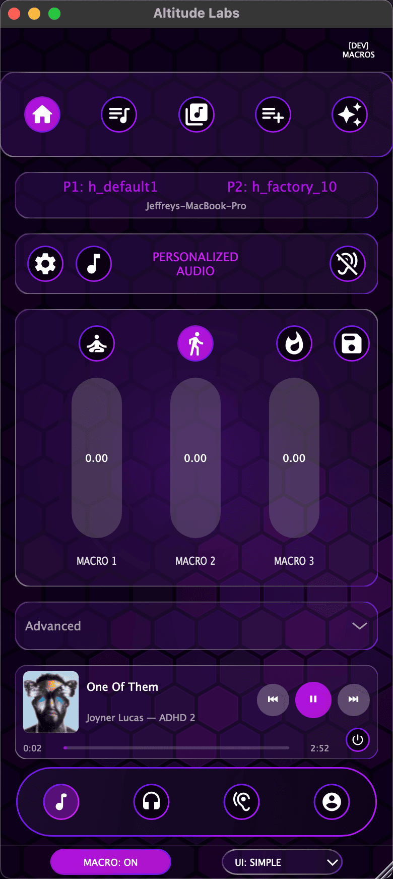 ARIA ONE Simple View — macro controls and audio player on mobile layout