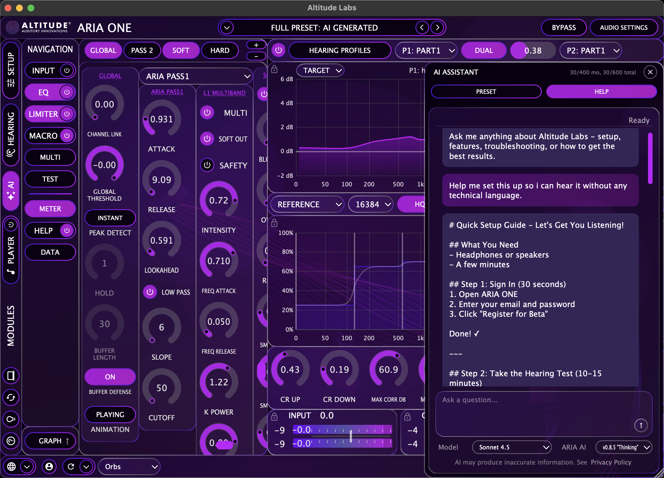 ARIA ONE AI Assistant in Help mode showing Quick Setup Guide