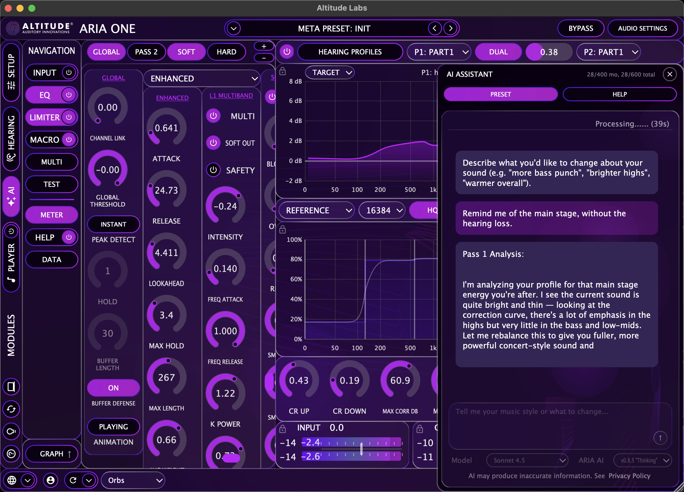 ARIA ONE AI Assistant analyzing hearing profile and generating preset adjustments