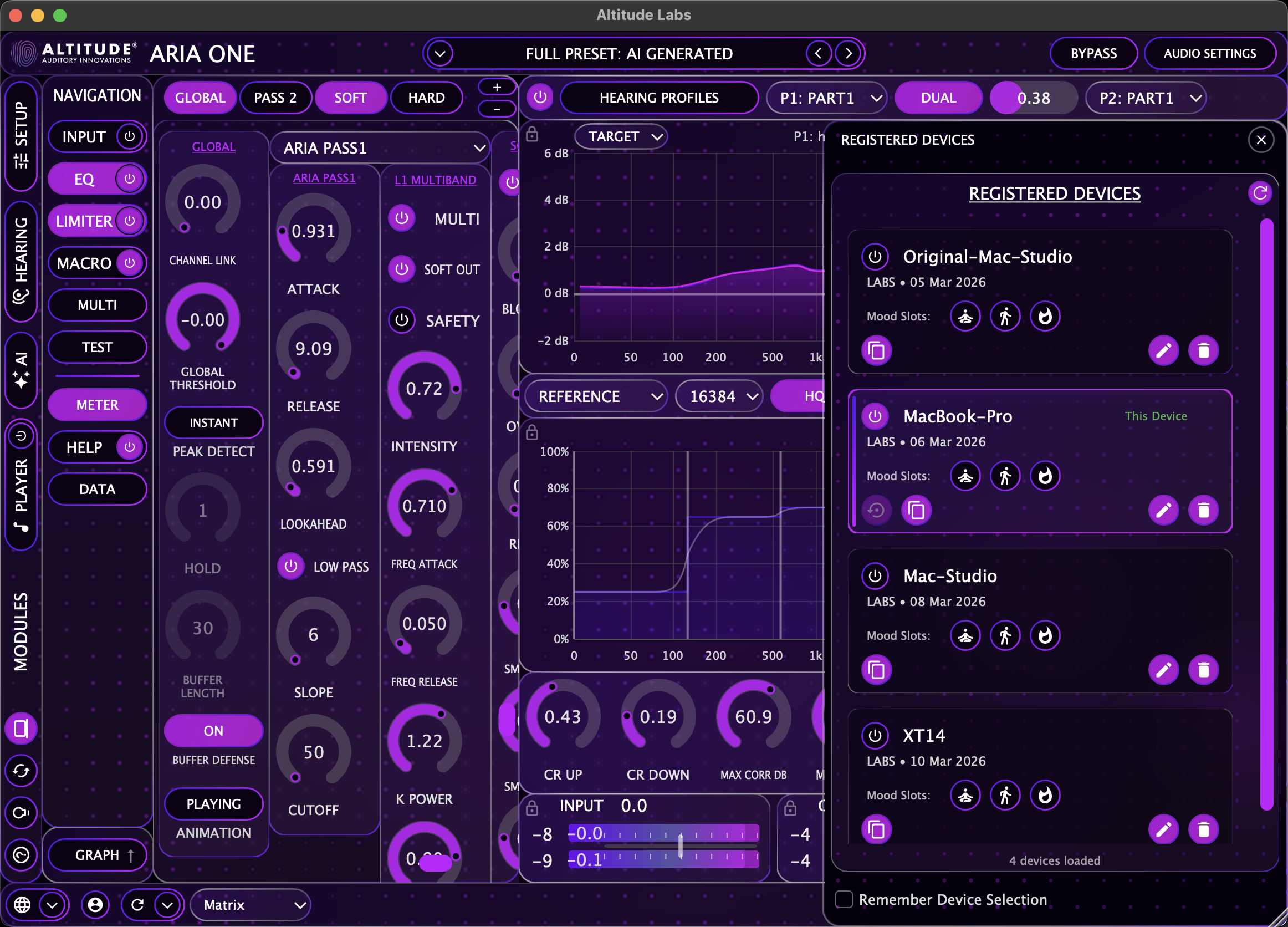 ARIA ONE registered devices panel showing multi-device sync with mood slots