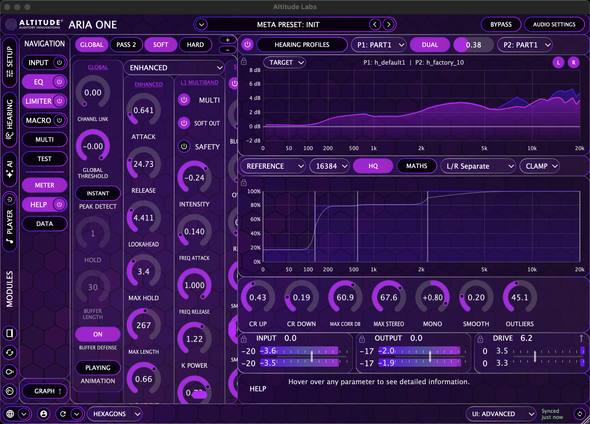 ARIA ONE Limiter and EQ — hearing profiles, frequency response, advanced DSP