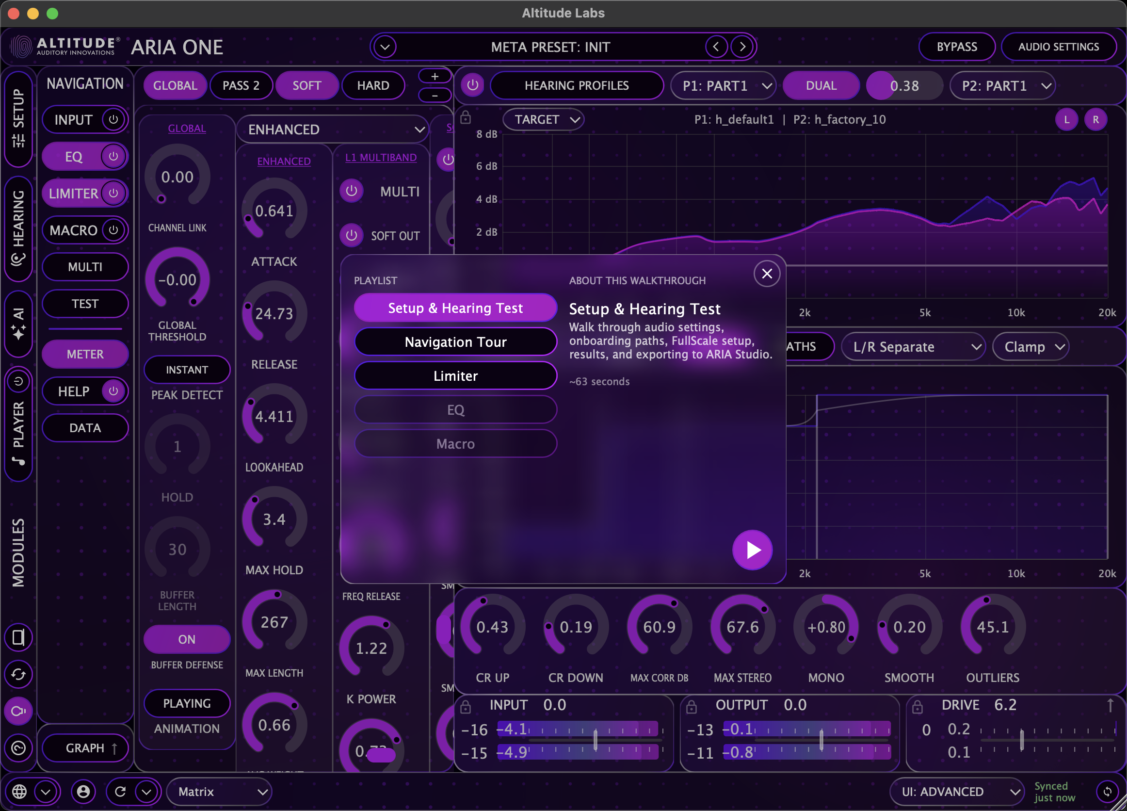 ARIA ONE demo walkthrough playlist with guided tours for setup, navigation, limiter, EQ, and macro