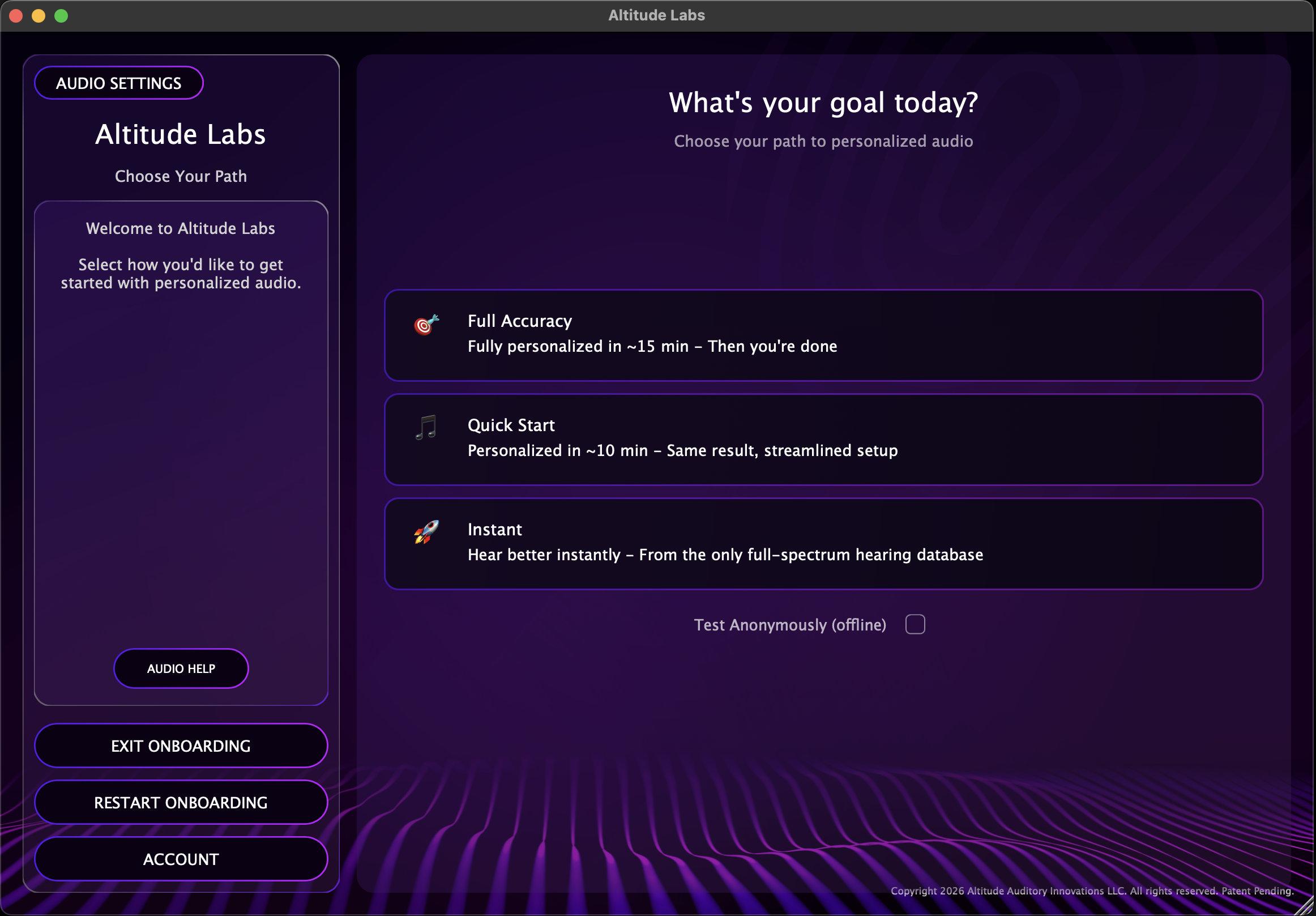ARIA ONE onboarding — choose your path to personalized audio