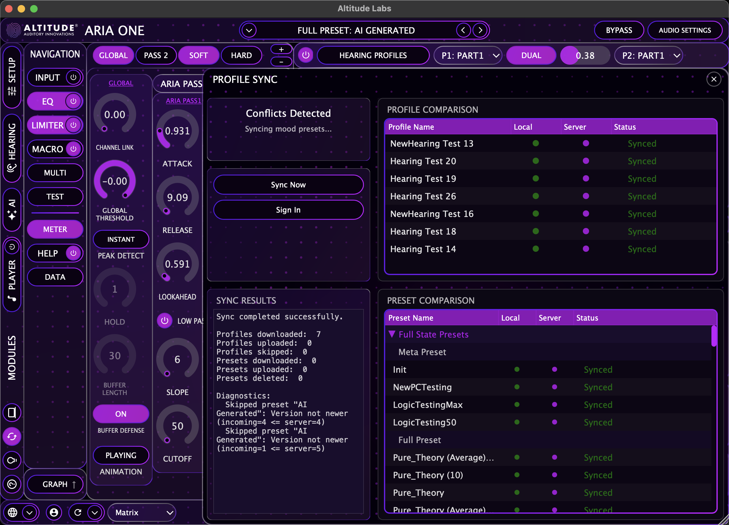 ARIA ONE profile sync showing hearing test and preset comparison