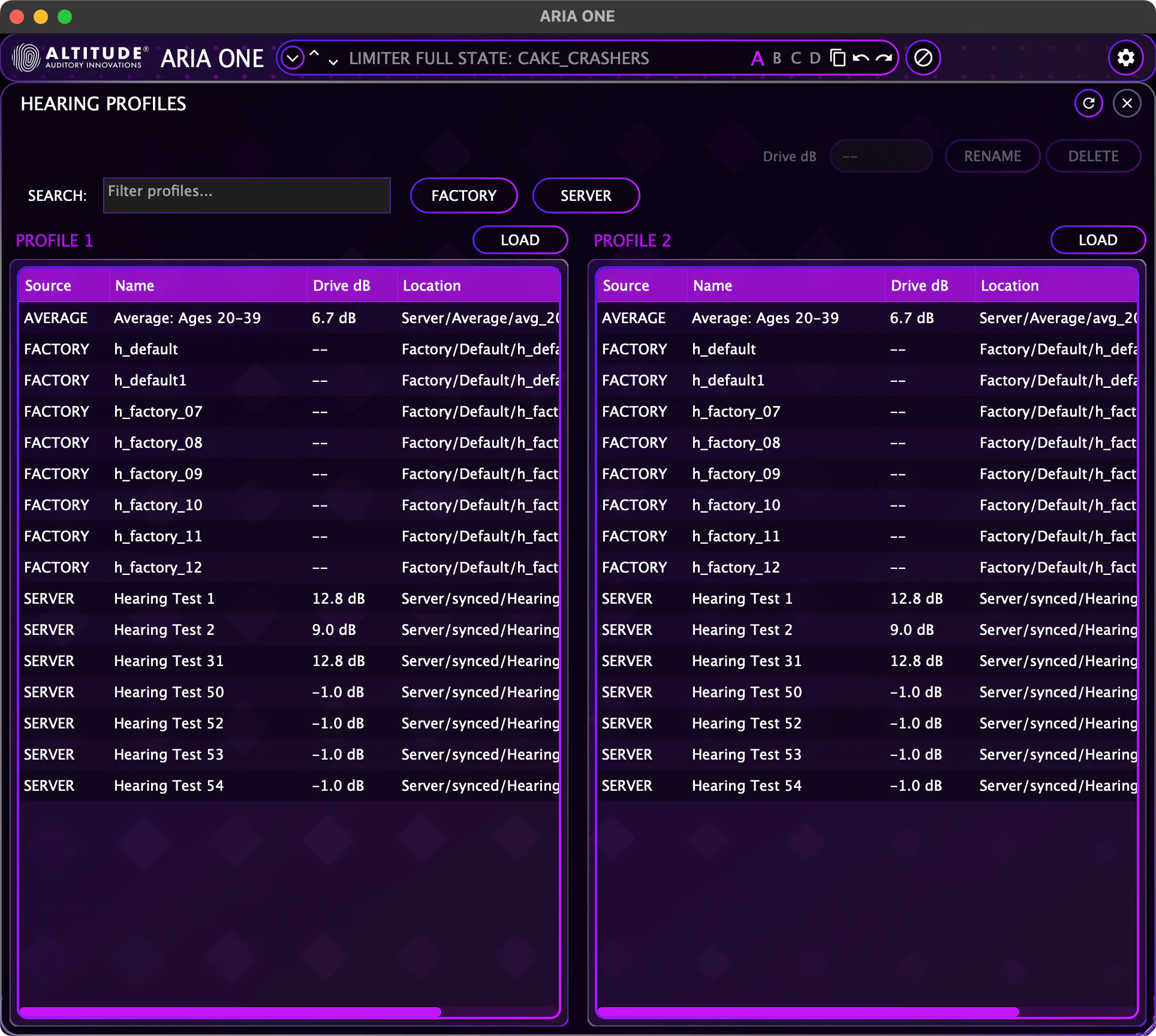 ARIA ONE dual hearing profile browser — Profile 1 and Profile 2 with server, factory, and average profiles