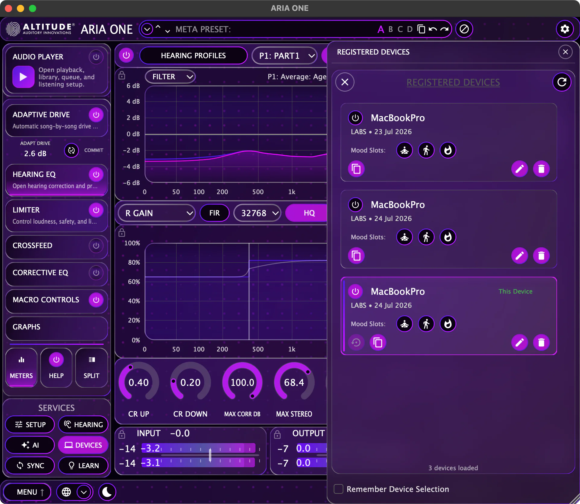 ARIA ONE registered devices panel showing multi-device sync with mood slots