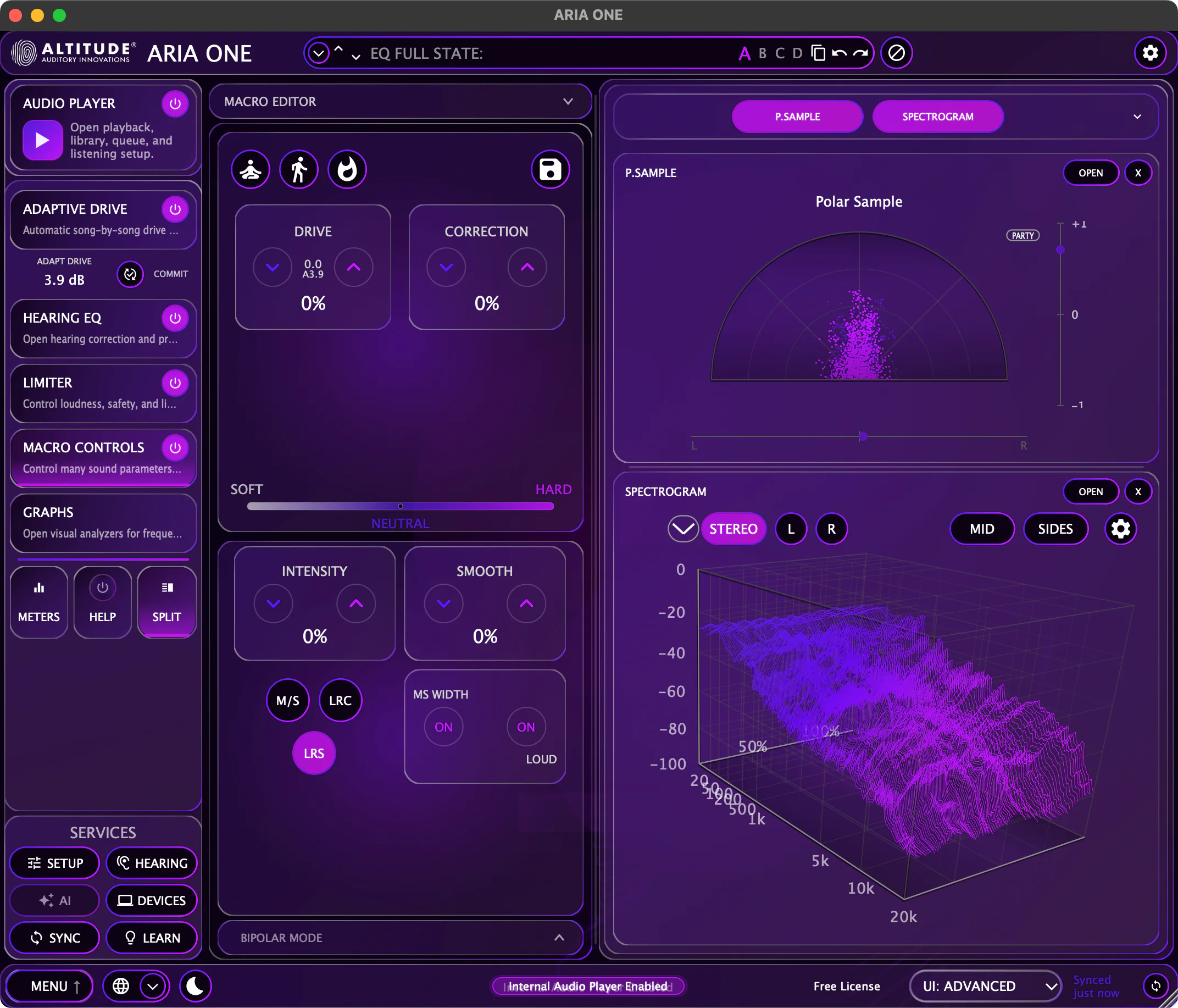 ARIA ONE macro editor with polar sample and spectrogram graphs on a free license
