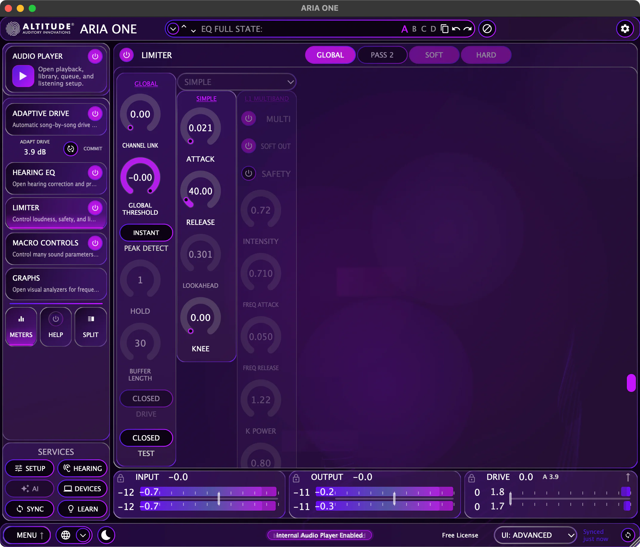 ARIA ONE limiter panel with input, output, and drive metering on a free license