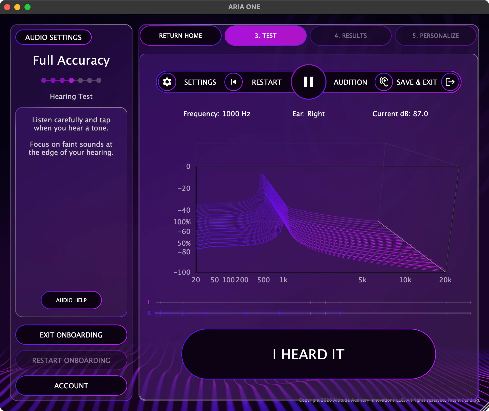 FullScale hearing test in progress — frequency detection at 1000 Hz
