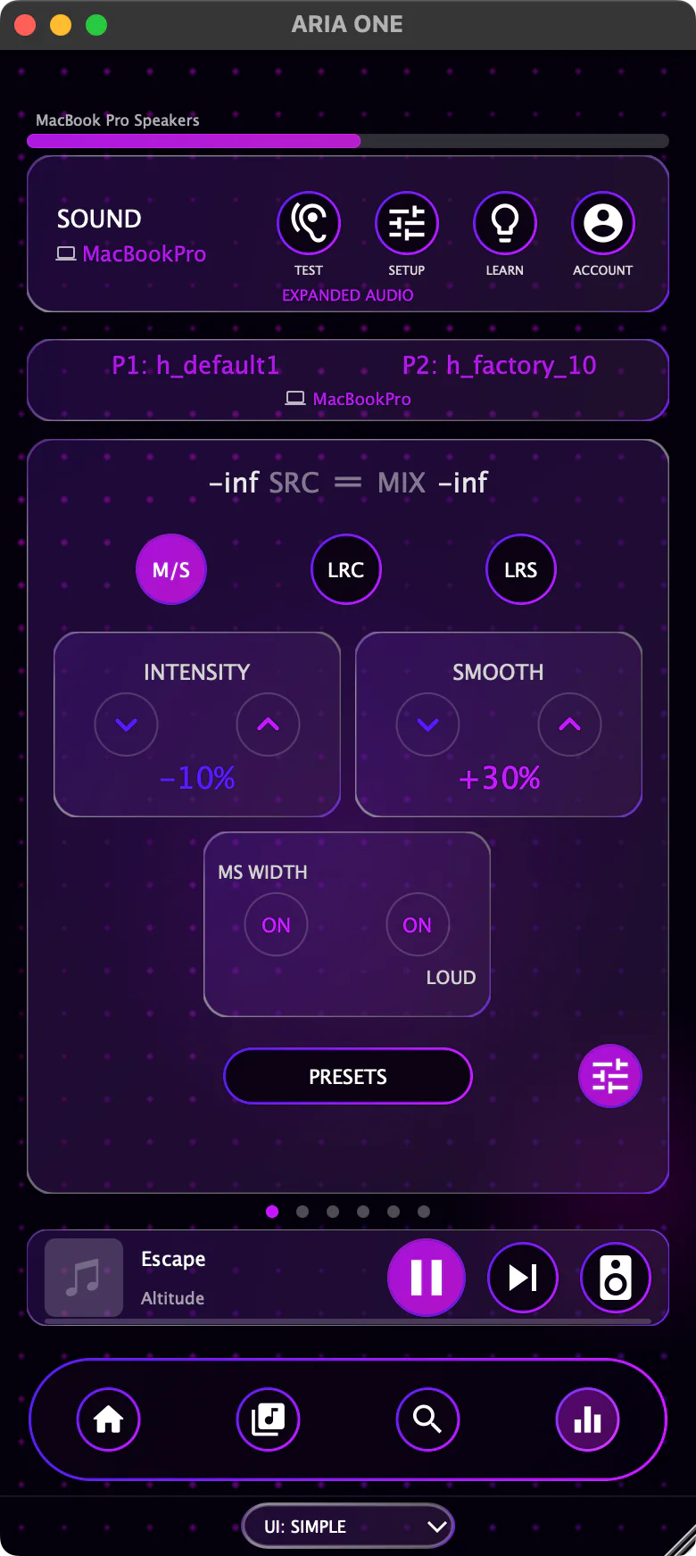 ARIA ONE Simple View — home screen with macro controls