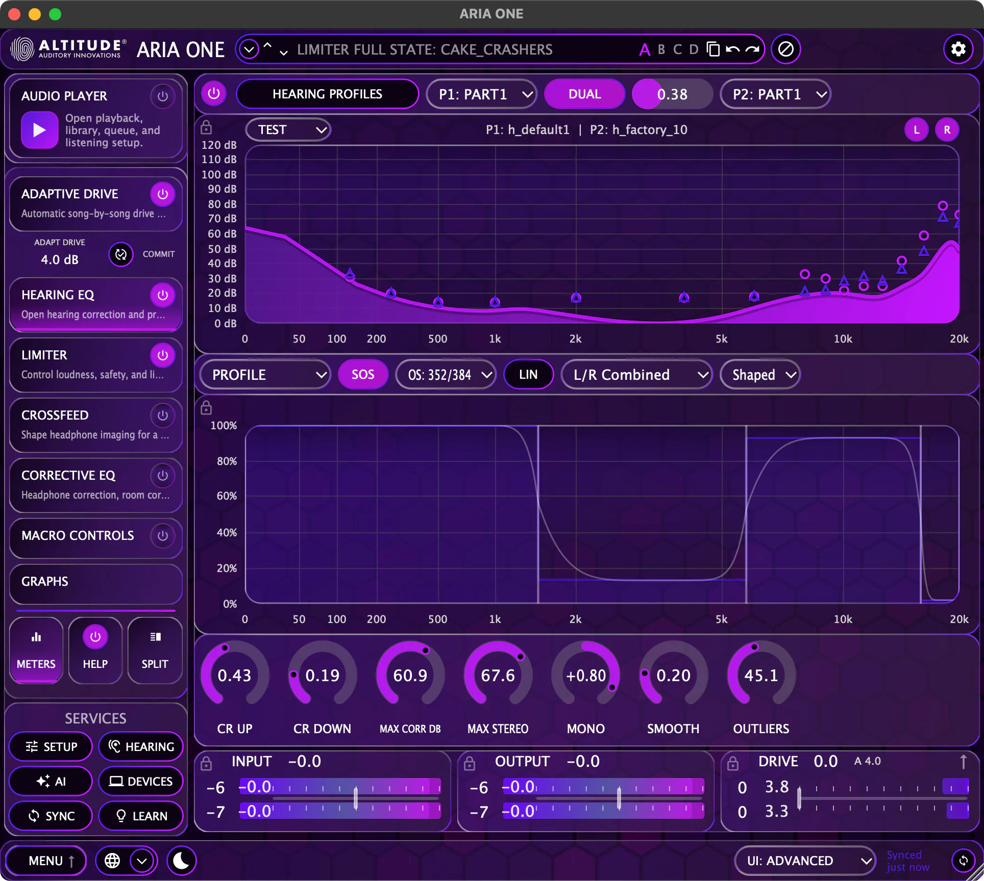 ARIA ONE Advanced View — full EQ correction with hearing profiles and frequency response curves