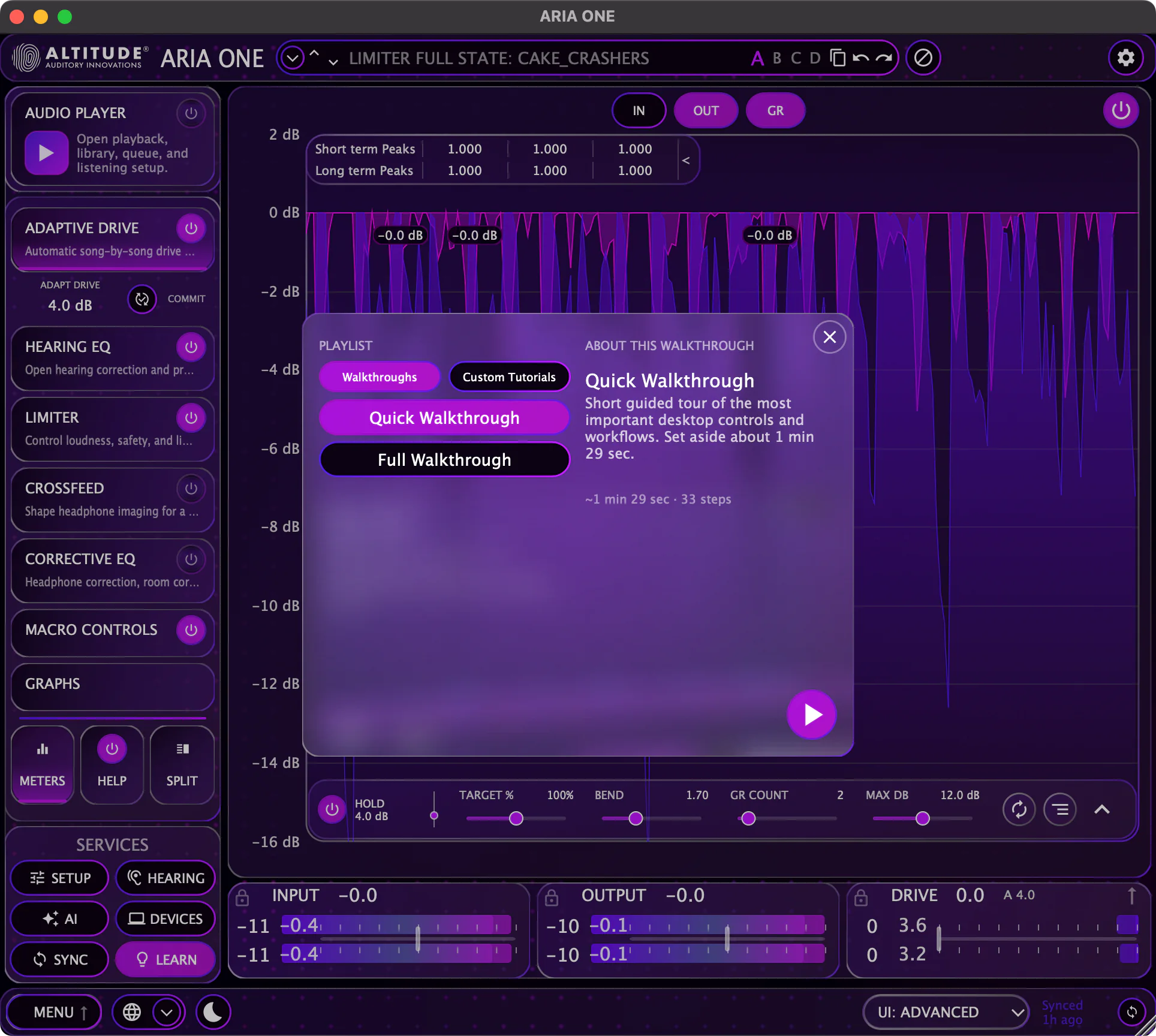 ARIA ONE demo walkthrough playlist with guided tours for setup, navigation, limiter, EQ, and macro