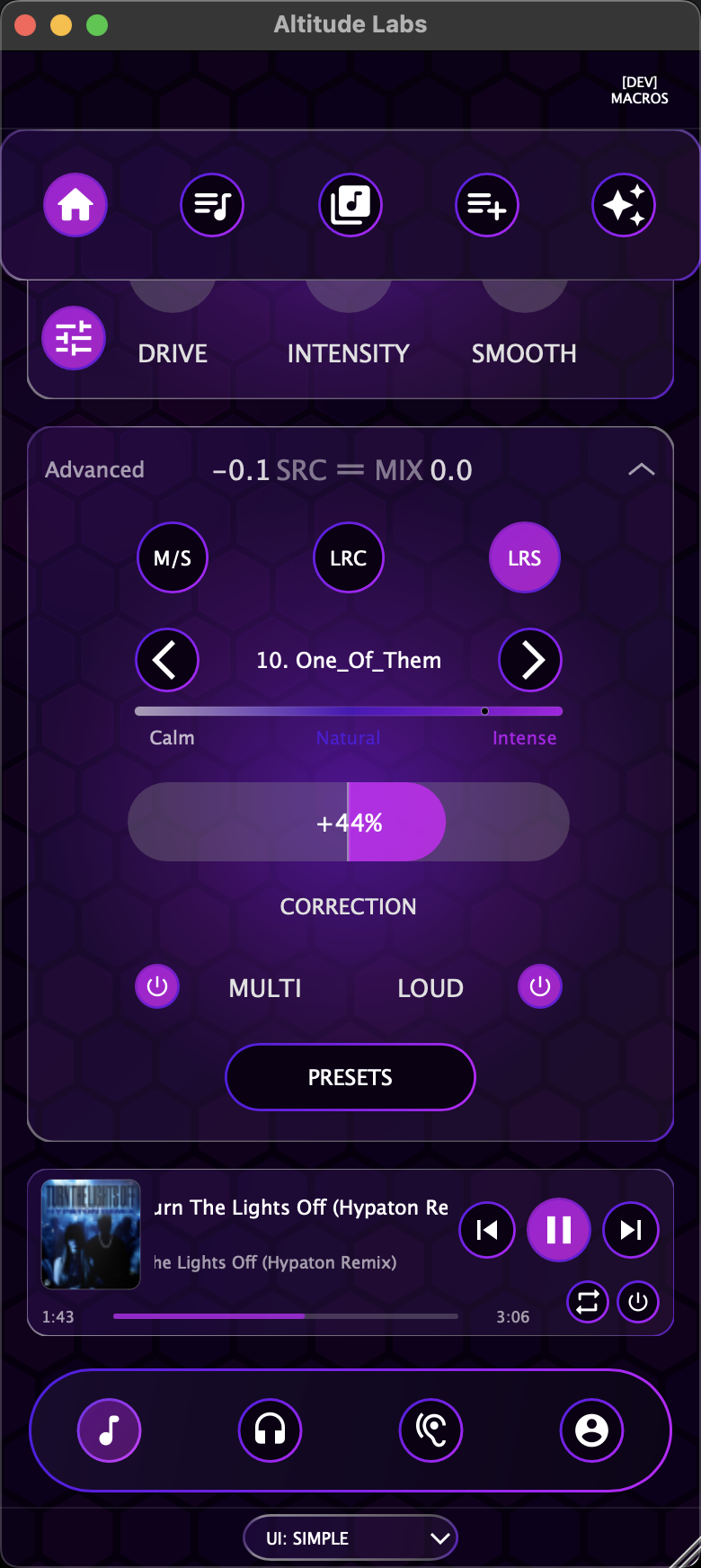 ARIA ONE Simple View — DSP controls expanded on mobile layout