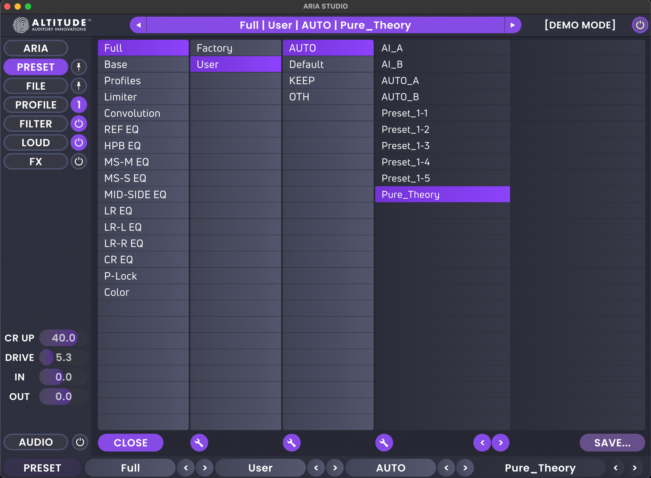 Pure Theory preset in ARIA ONE
