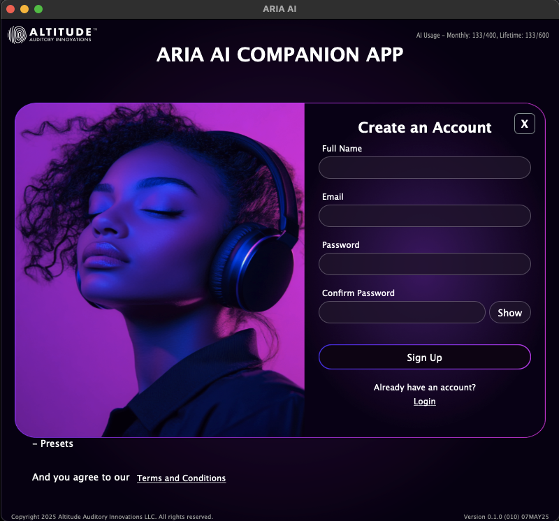 ARIA ONE login screen