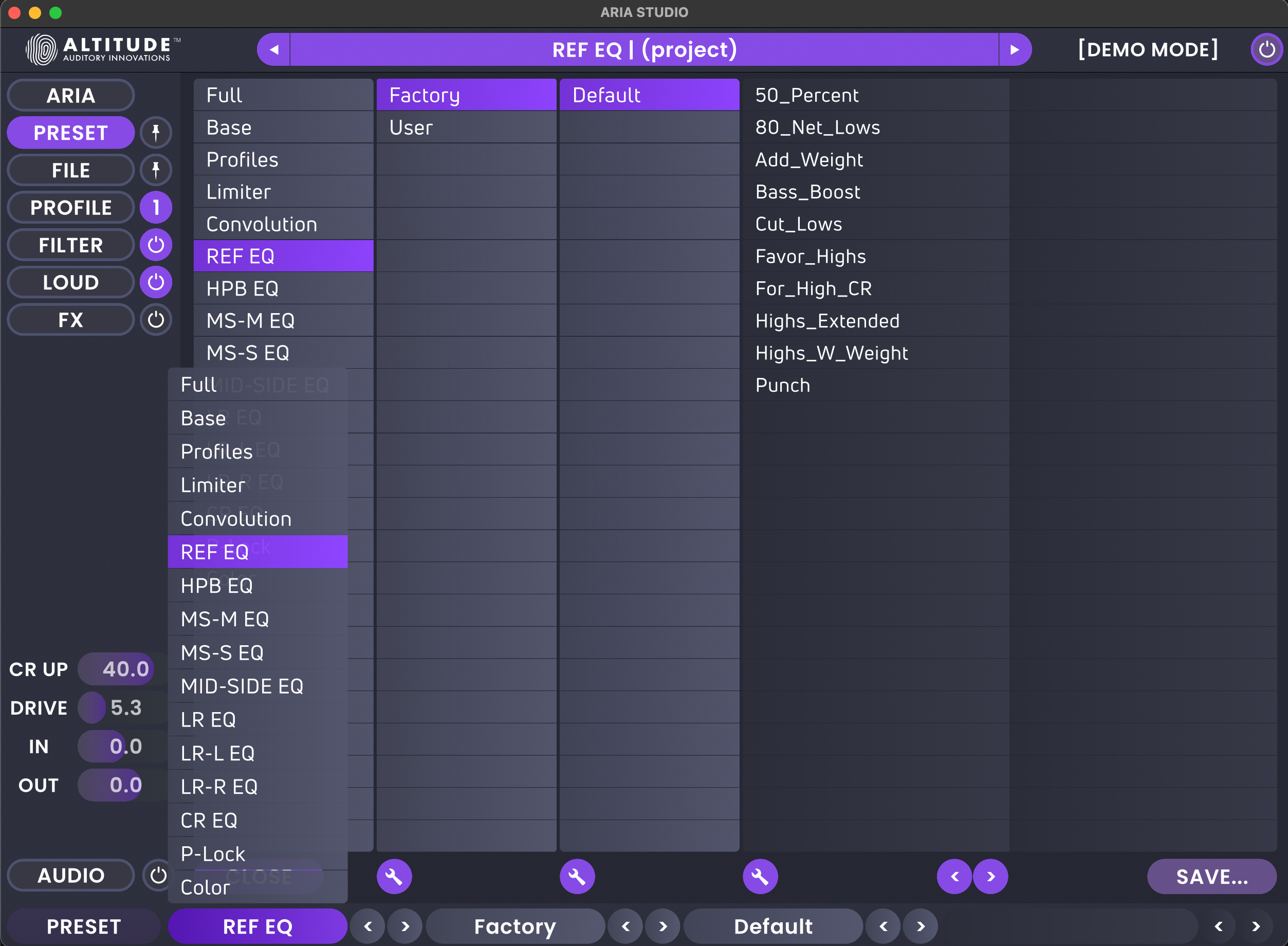 ARIA ONE subpreset interface