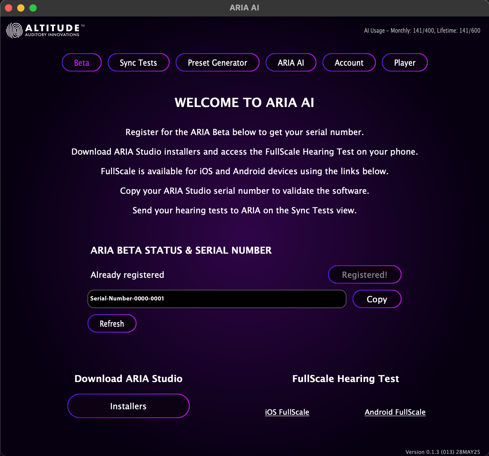 ARIA ONE registration screen