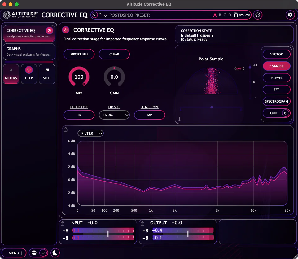 Corrective EQ — imported correction curve with FIR rendering and analyzers