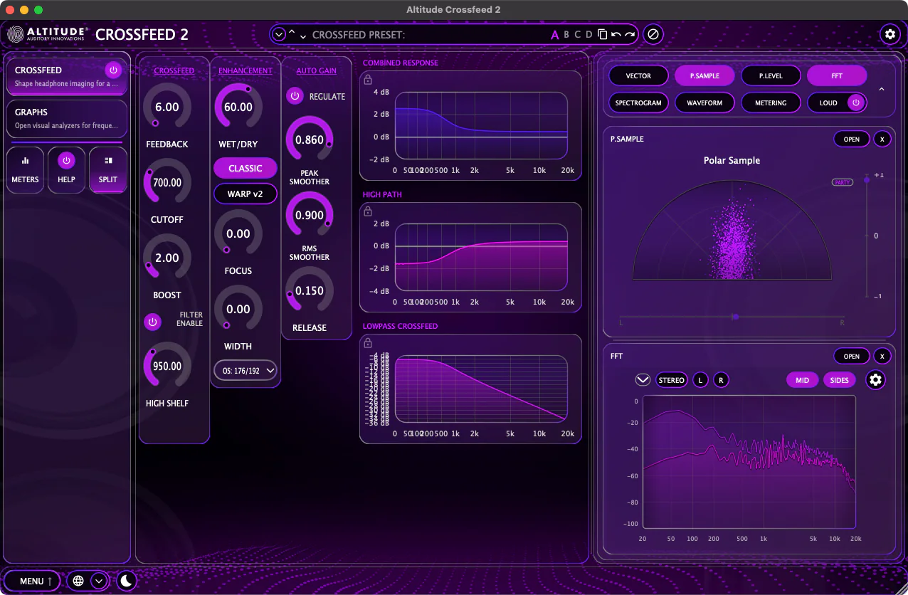 Crossfeed 2 — crossfeed controls with live response graphs and analyzers