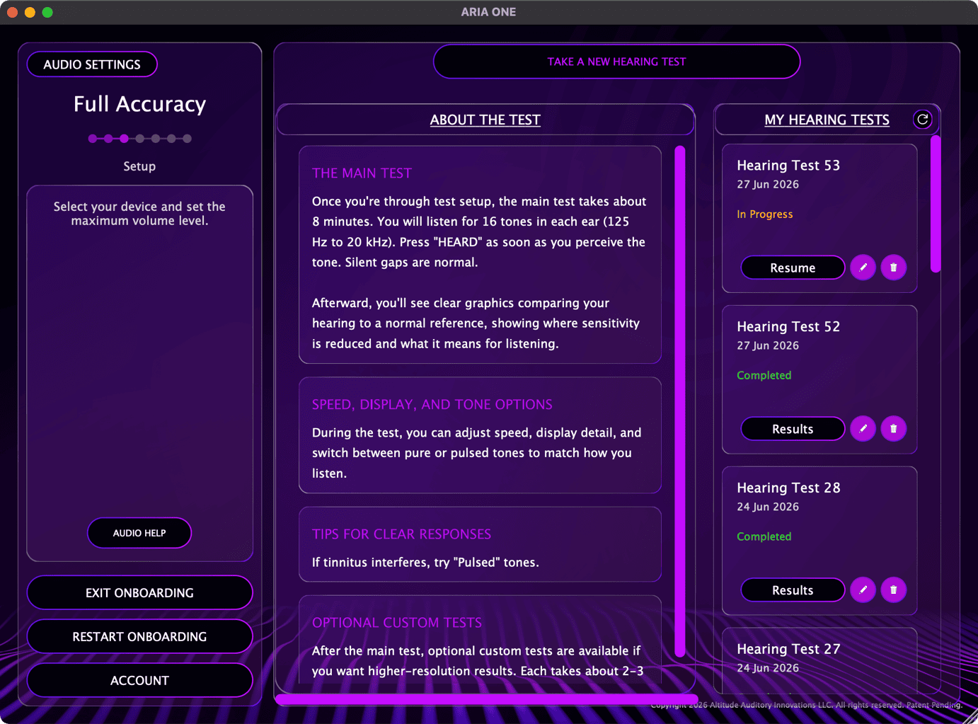 Launching FullScale from ARIA ONE — Hearing Tab