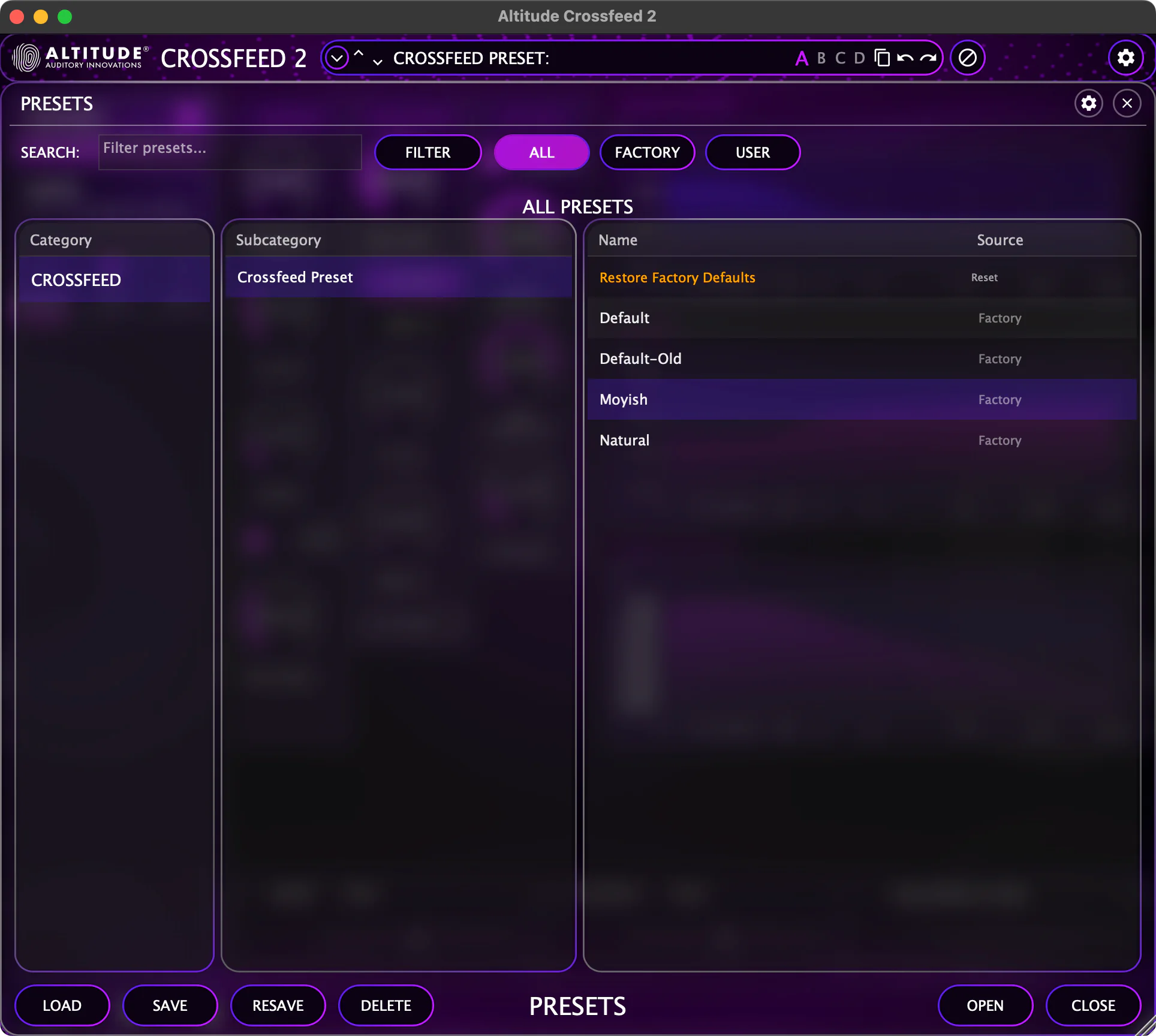 Crossfeed preset browser showing the factory presets in the Crossfeed category