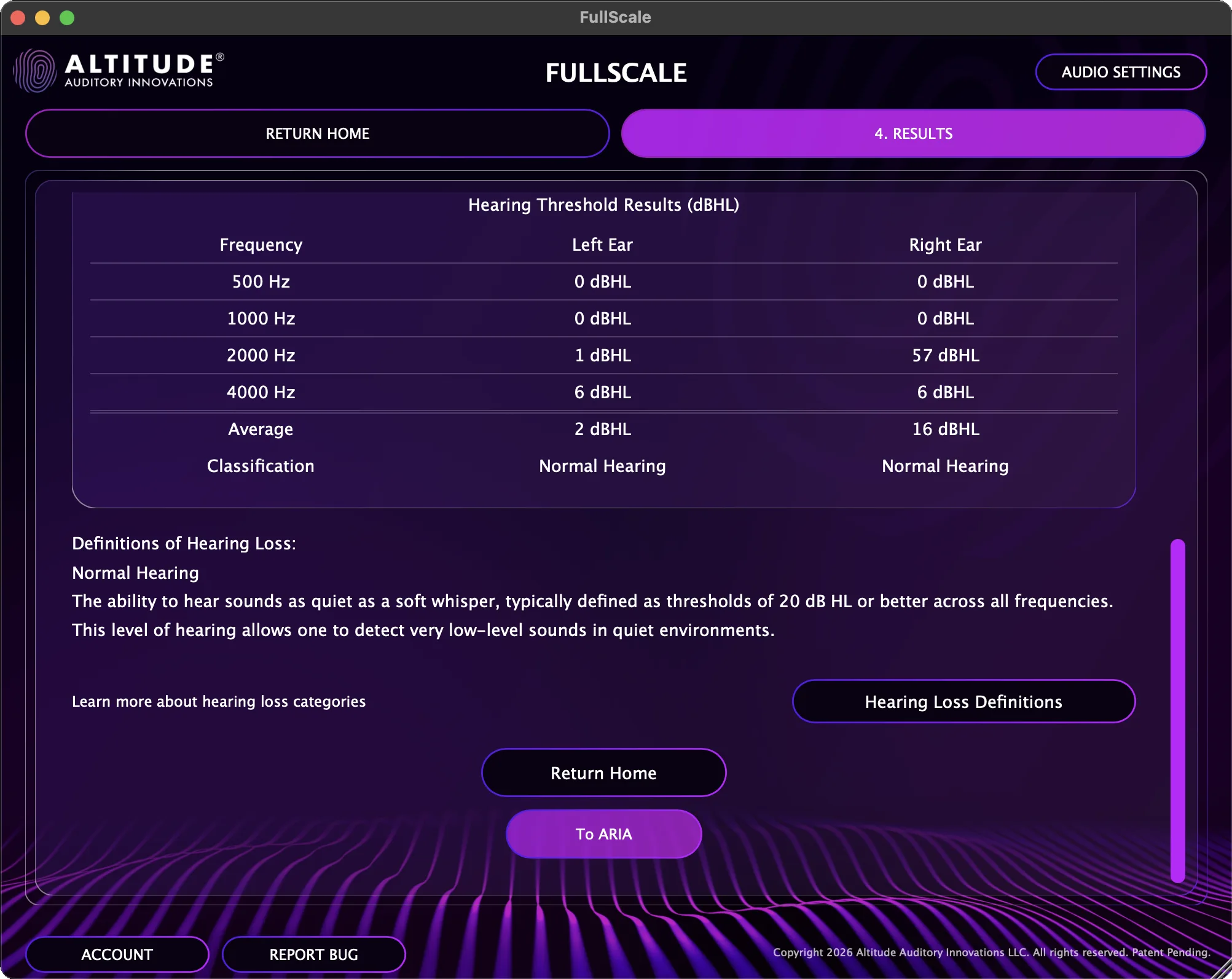 FullScale Hearing Test results view with TO ARIA button