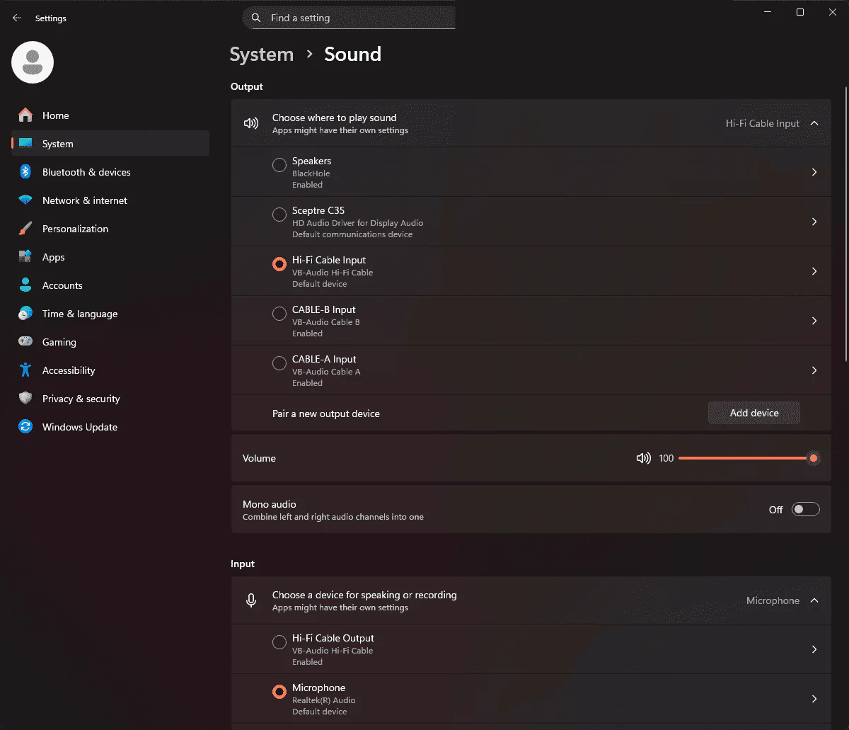 Windows sound settings with a virtual audio device selected as the output