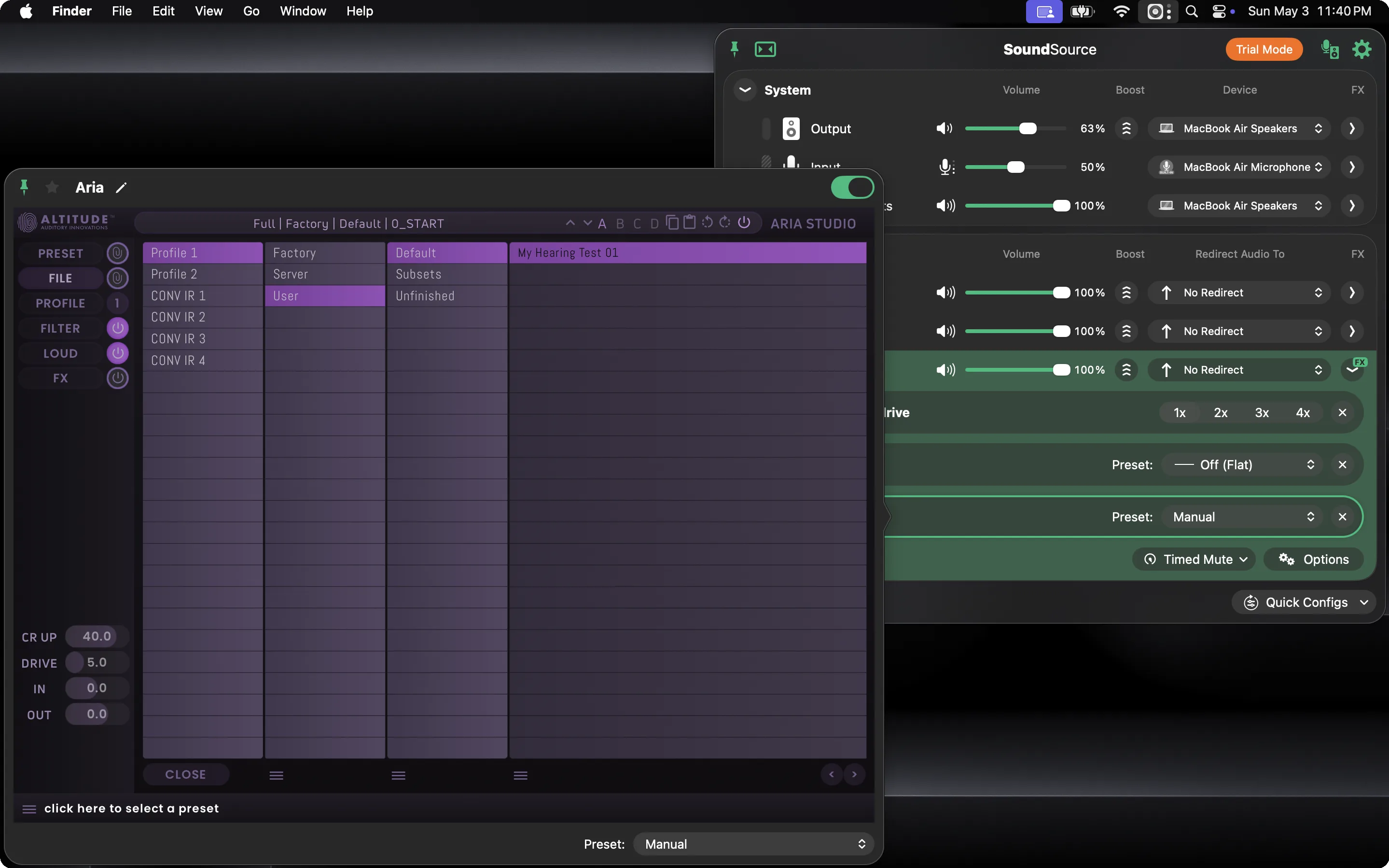 ARIA Studio preset browser showing a saved hearing test profile