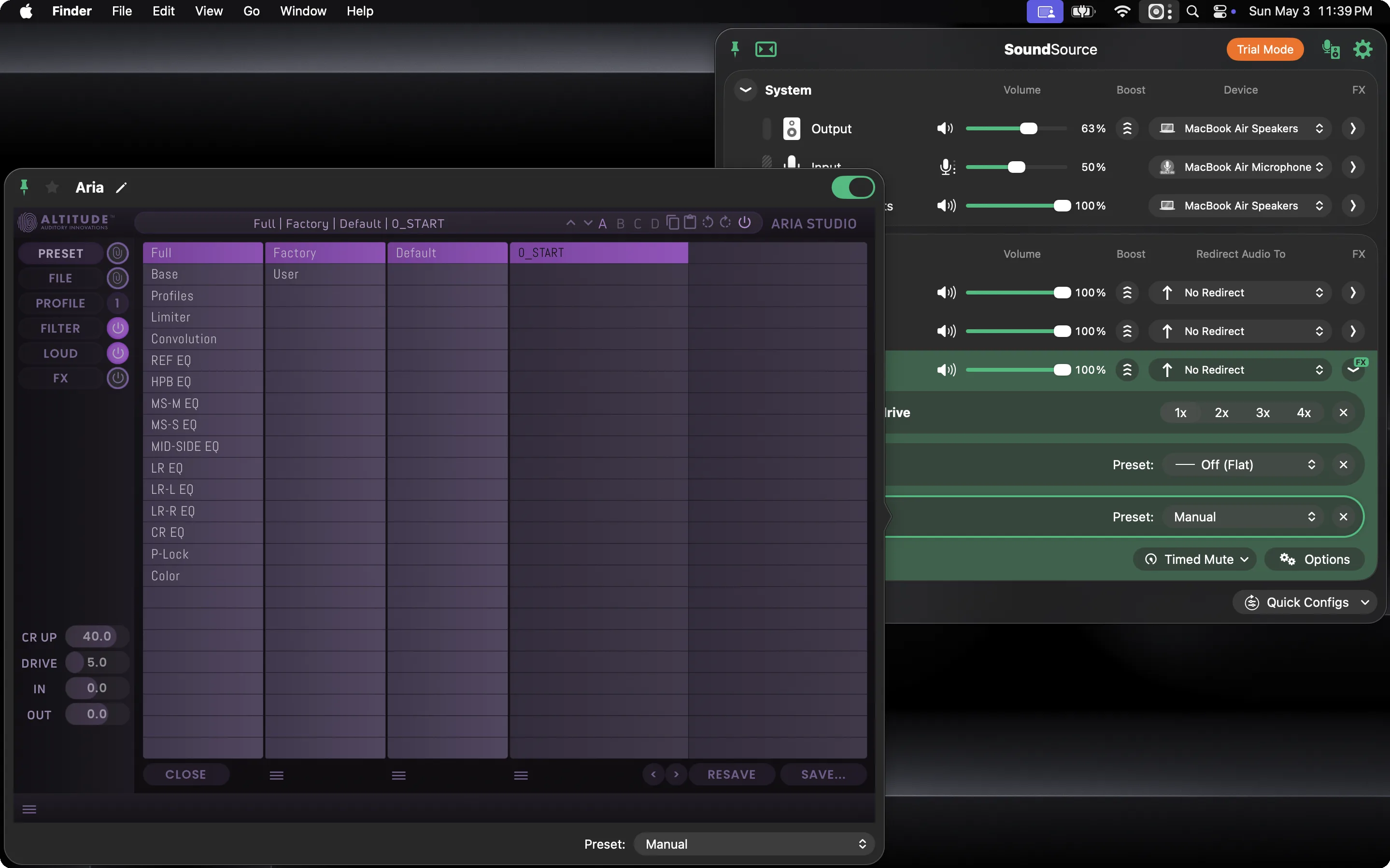 ARIA Studio preset browser showing the 0_START factory preset