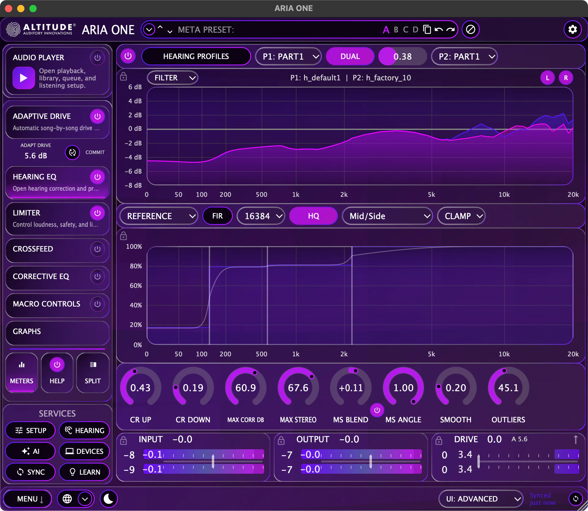 ARIA ONE Limiter and EQ — hearing profiles, frequency response, advanced DSP