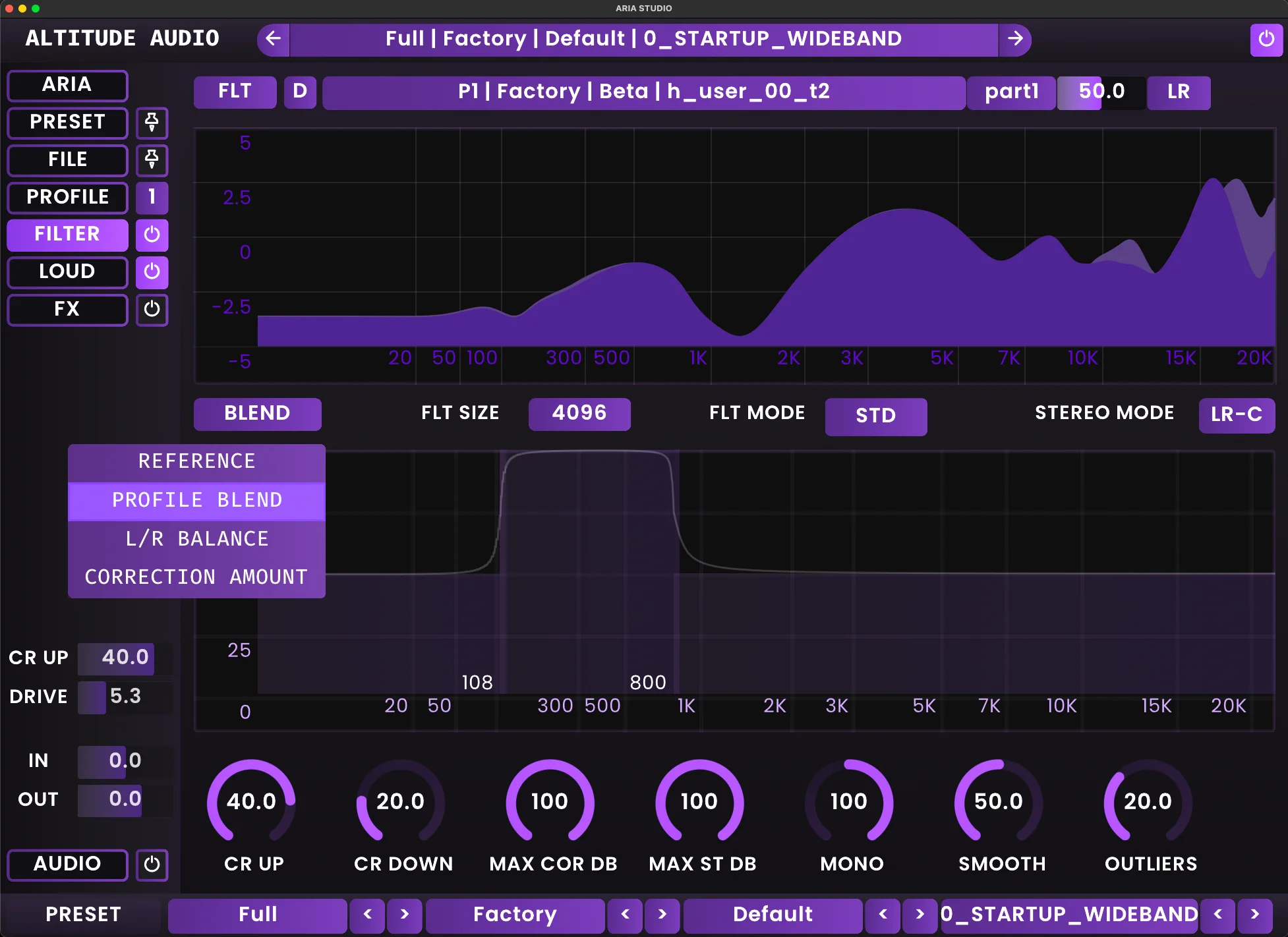 ARIA Studio interface showing the BLEND Multiband Editor