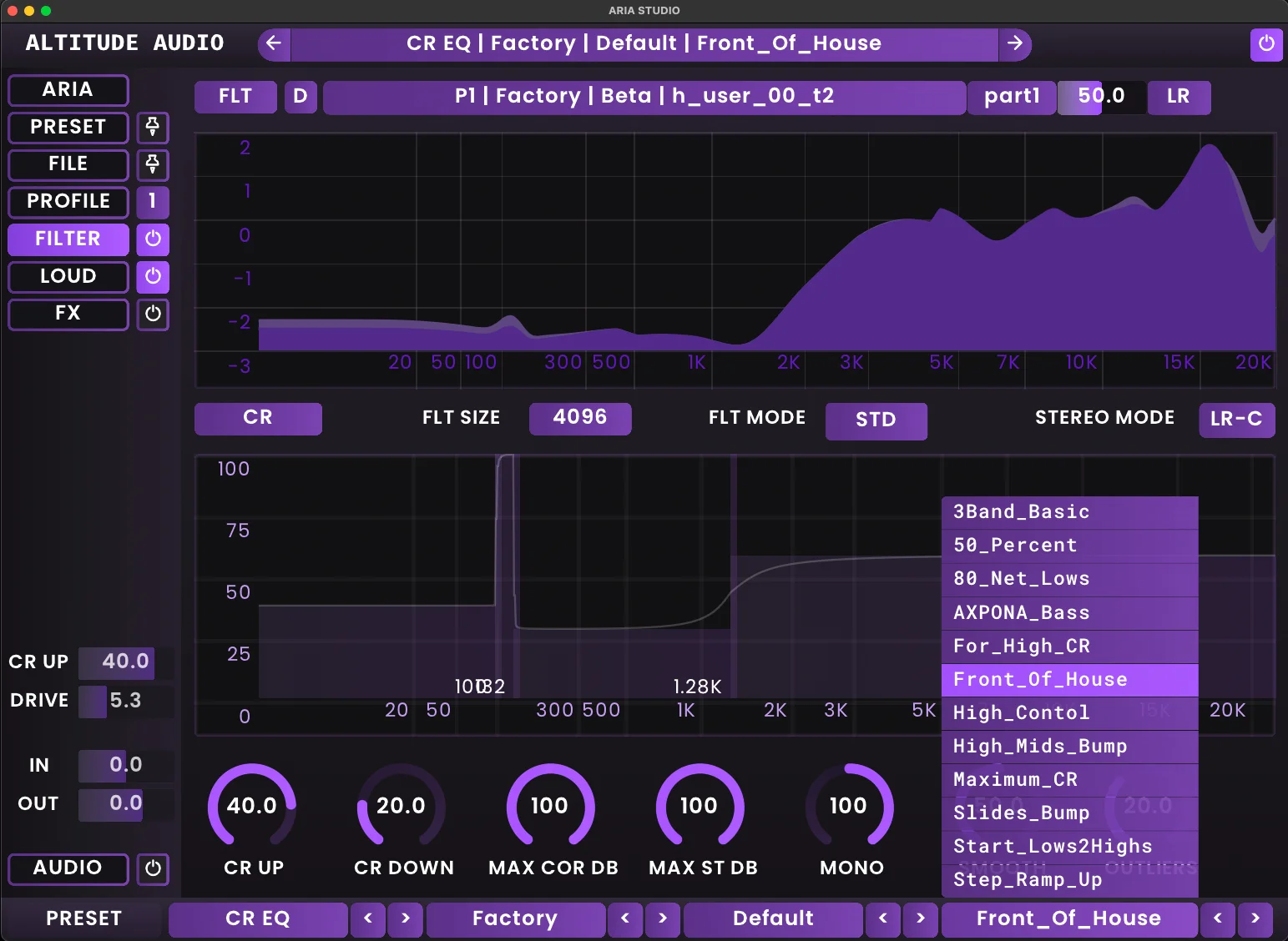 ARIA Studio interface showing the CR EQ sub-preset selection with the CR MBE active