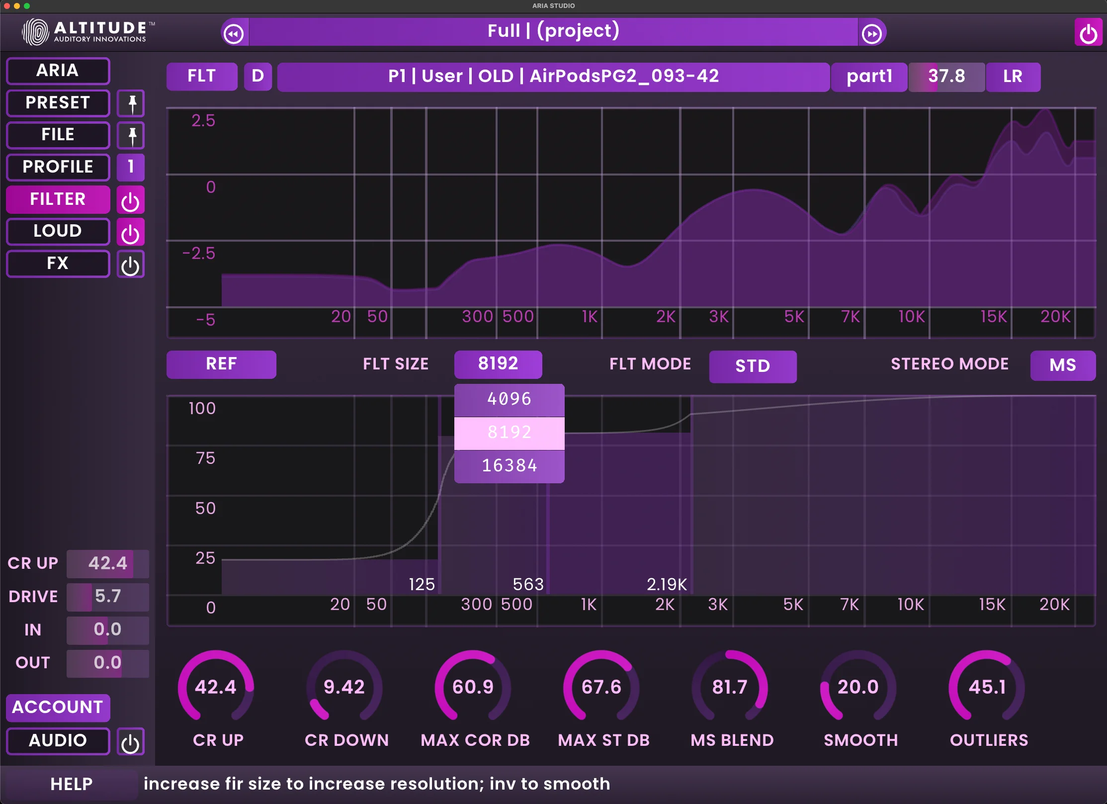 ARIA Studio's filter size dropdown menu