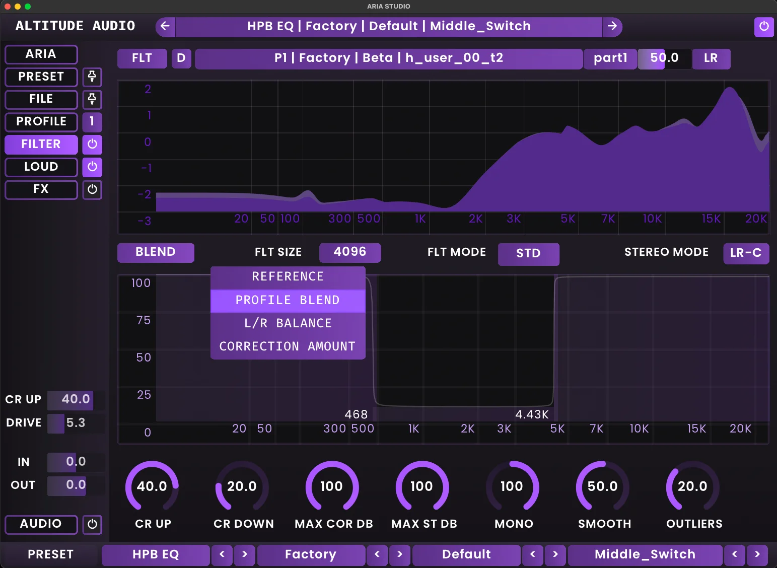 ARIA Studio interface showing the HPB EQ sub-preset selection with the BLEND MBE active