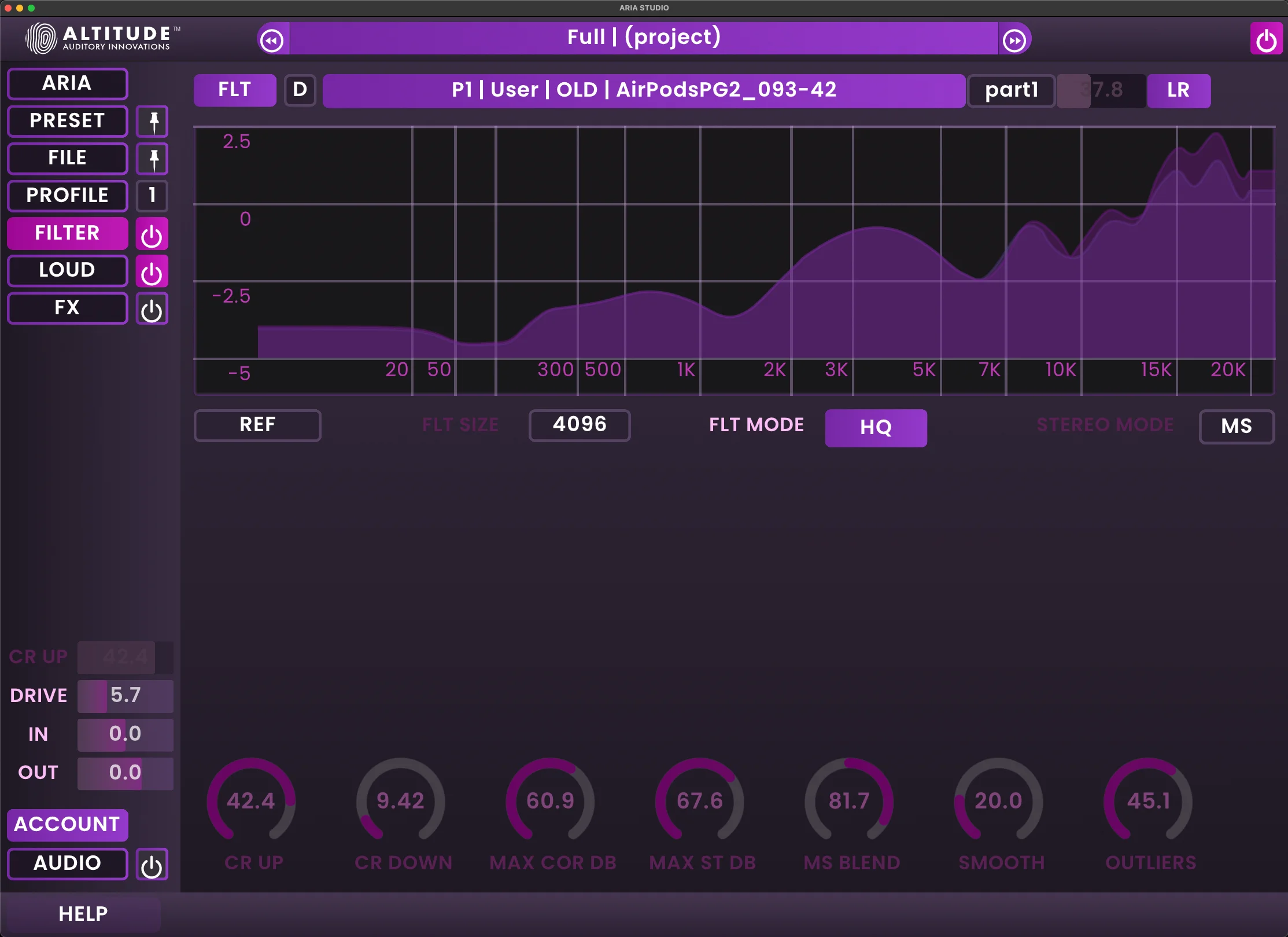 ARIA Studio interface showing filter settings and base parameters
