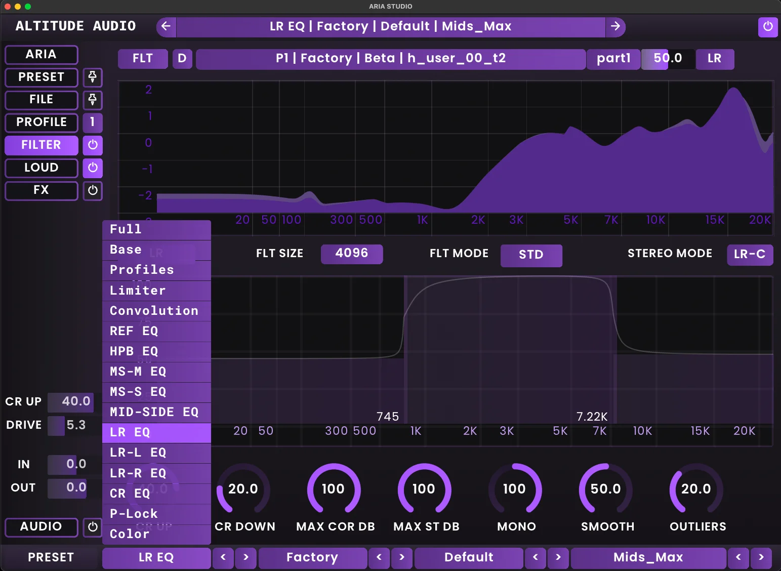ARIA Studio interface showing the LR EQ sub-preset selection with the LR MBE active