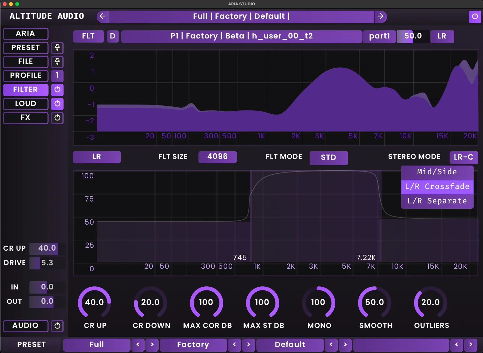 ARIA Studio interface showing the LR-C (Left-Right Combined) mode selection