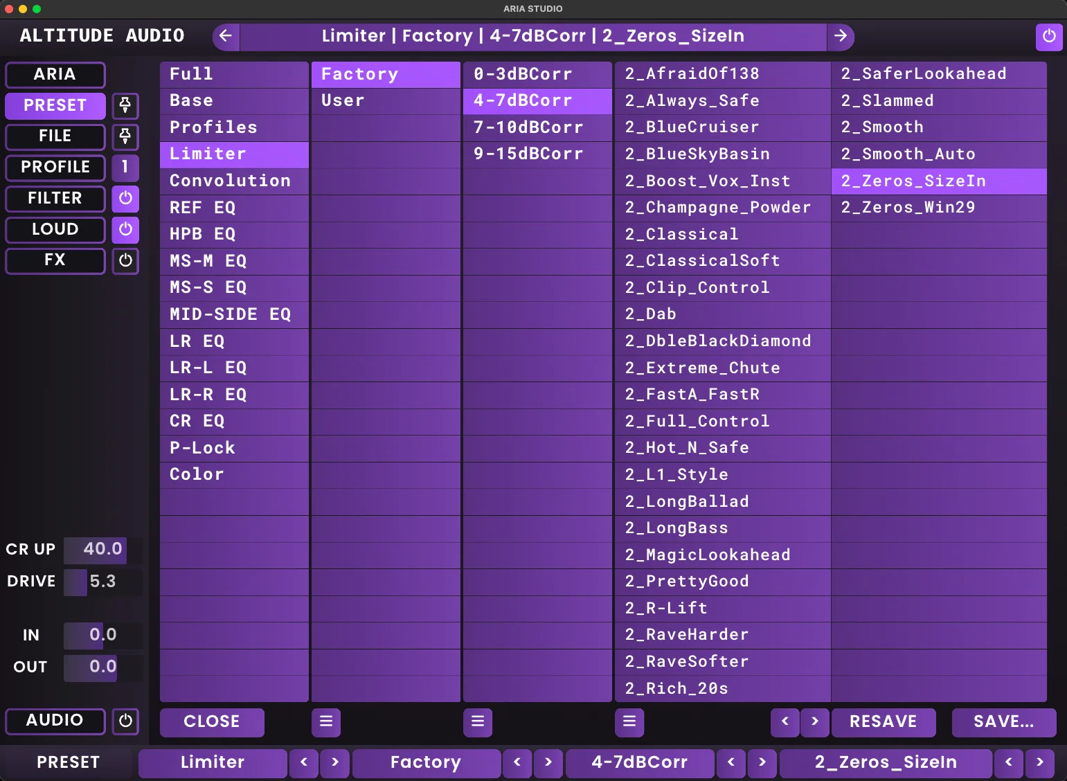 ARIA Studio interface showing the sub-preset navigation menu