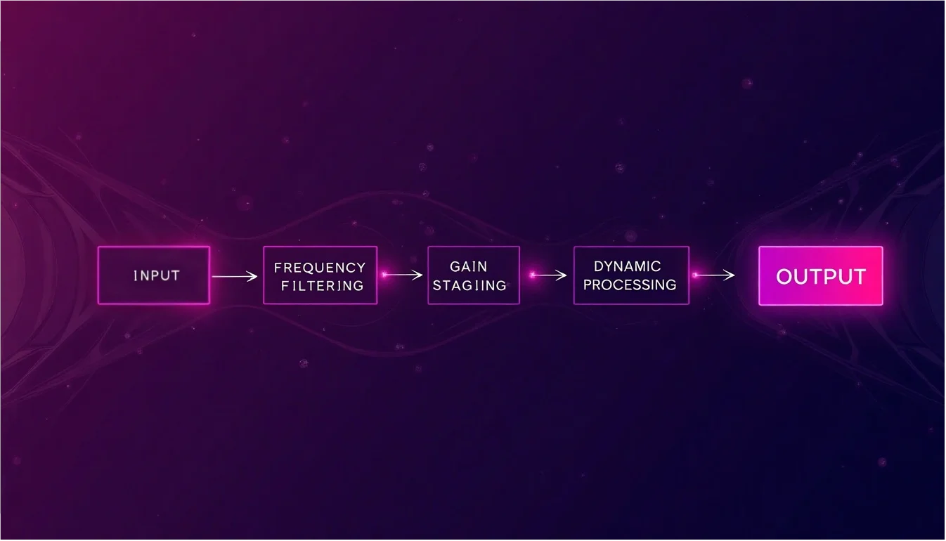 ARIA Studio signal flow diagram showing the processing chain from input through filtering, gain optimization, and dynamics processing to output